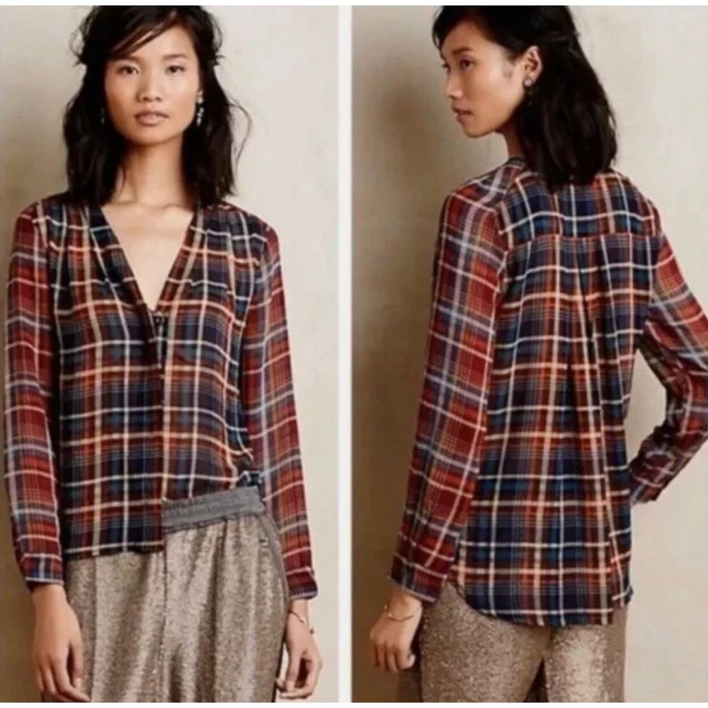 Anthropologie Maeve Plaid Semi Sheer Shirt Top Peasant Boho Women XS